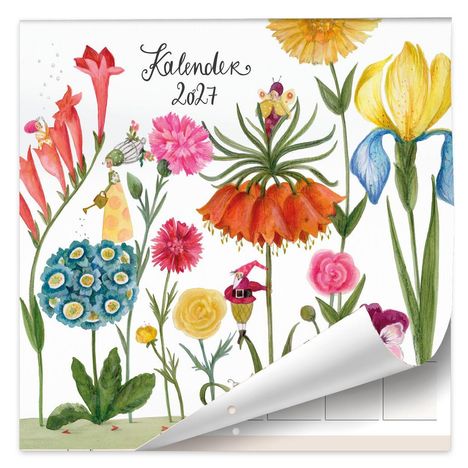 Dekorativer Kalender 2027 mit bunten, illustrativen Blumen und kleinen Figuren in fantasievoller Umgebung.
