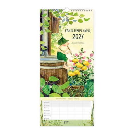 Text: "Familienplaner 2027, Mit Illustrationen von Daniela Drescher." Illustration: Kind im Grünen spielt Flöte.