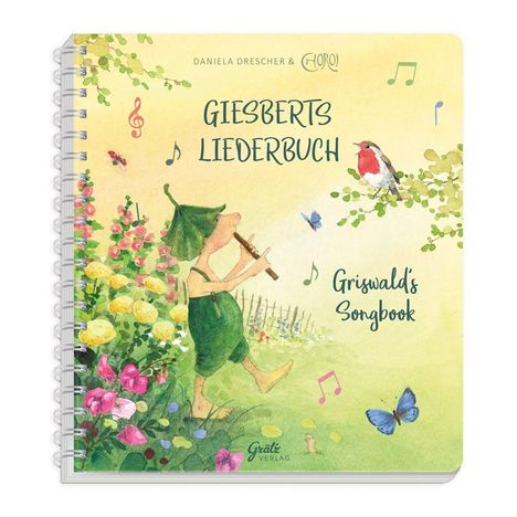 „Giesberts Liederbuch“, „Griswald’s Songbook“. Illustration eines kleinen Wesens mit Flöte, Vögel und Blumen.