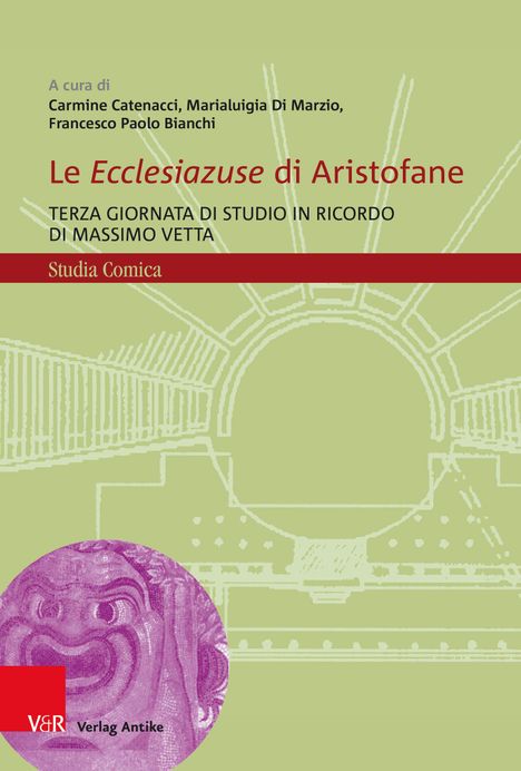 Titel: "Le Ecclesiazuse di Aristofane". Grüner Hintergrund, rote und schwarze Schrift, antikes Theater-Schema, violetter Kreis.