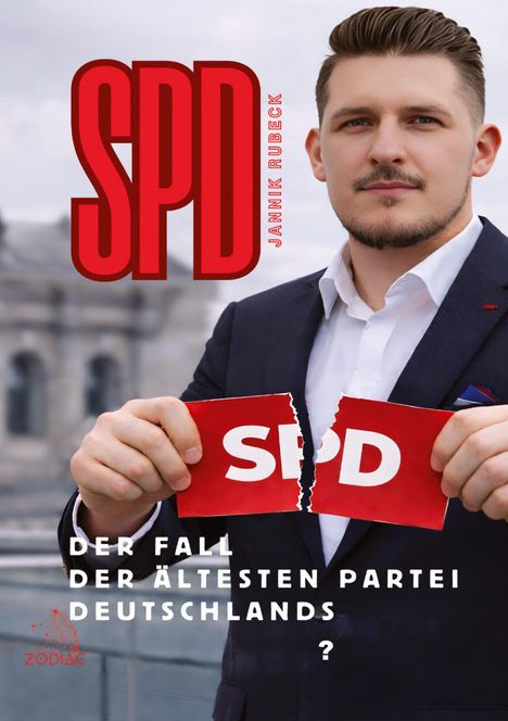 "SPD", "Jannik Rubeck", "Der Fall der ältesten Partei Deutschlands?". Ein Mann hält ein zerrissenes SPD-Plakat.