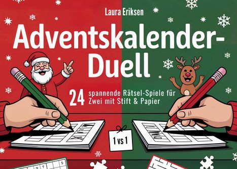 "Adventskalender-Duell 24 spannende Rätsel-Spiele für Zwei mit Stift & Papier" steht über Weihnachtsmotiven.
