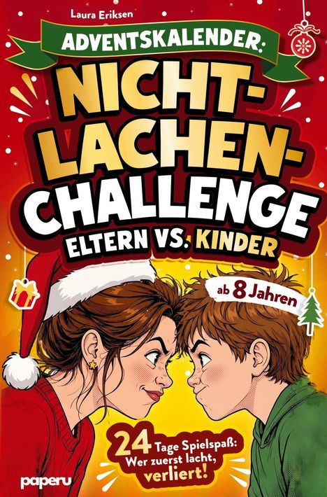Adventskalender: Nicht-Lachen-Challenge, Eltern vs. Kinder, ab 8 Jahren. Illustration: Frau und Junge mit Santa-Mützen.