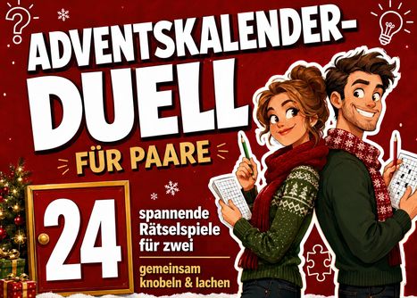 "ADVENTSKALENDER-DUELL FÜR PAARE", "24 spannende Rätselspiele für zwei". Illustration eines lächelnden Paares mit Rätseln.