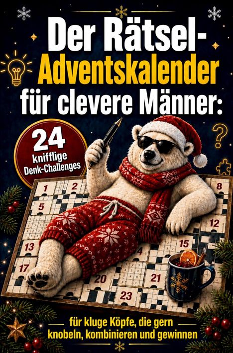 "Der Rätsel-Adventskalender für clevere Männer: 24 knifflige Denk-Challenges. Ein Eisbär mit Weihnachtsmütze entspannt."