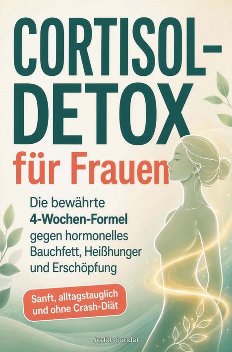 "CORTISOL-DETOX für Frauen", 4-Wochen-Formel gegen hormonelles Bauchfett. Sanft und alltagstauglich. Illustration einer Frau.