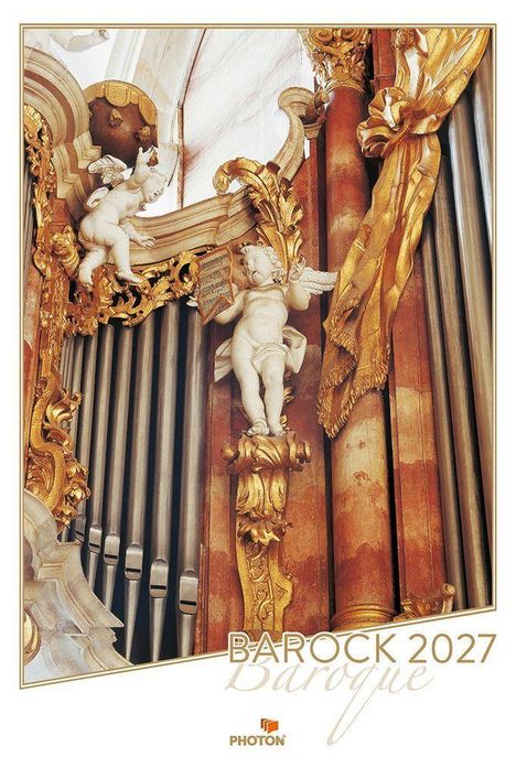 Text: "BAROCK 2027", "Photon". Detailreiche Barockorgel mit goldenen Engeln und Verzierungen.