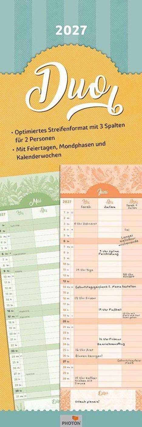2027 Duo Kalender, mit Streifenformat für zwei Personen, inklusive Feiertage, Mondphasen, Kalenderwochen.
