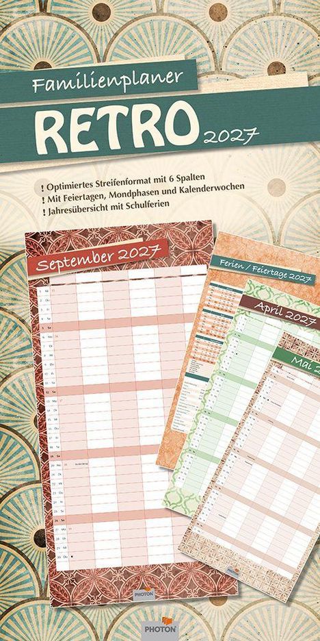 Familienplaner Retro 2027. Optimiertes Streifenformat. Monate September, April, Mai 2027 mit dekorativen Mustern.