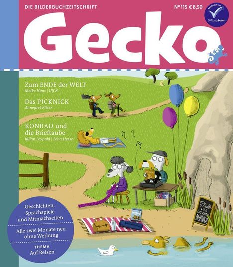 "Zum ENDE der WELT" und "Das PICKNICK" sind Geschichten. Eine Illustration zeigt Tiere beim Picknick und Wandern in einer grünen Landschaft.