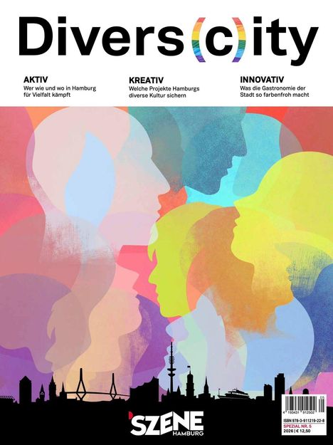 Divers(c)ity: Aktiv, Kreativ, Innovativ. Szene Hamburg. Silhouetten von Profilen in bunten Farben, Skyline unten.