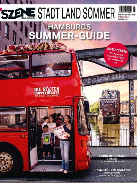 Titel: "Szene Hamburg Stadt Land Sommer". Ein roter Doppeldeckerbus, Menschen steigen ein. Hintergrund: Urbanes Setting.