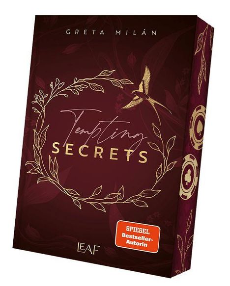 Text: "GRETA MILÁN, Tempting SECRETS, SPIEGEL Bestseller-Autorin, LEAF". Rote Verpackung mit goldenen Zweigen und einem Vogel.