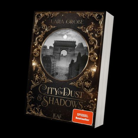 "City of Dust & Shadows", Lara Grobe. "Spiegel Bestseller". Aufwendiges Cover, schwarz-gold, mit historischem Stadtbild.