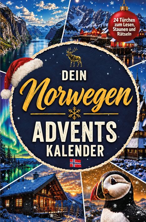 "Dein Norwegen Adventskalender" mit rot-weißem Santa-Hut, Bergen, Fjorden, Polarlichtern und einem Papageitaucher.