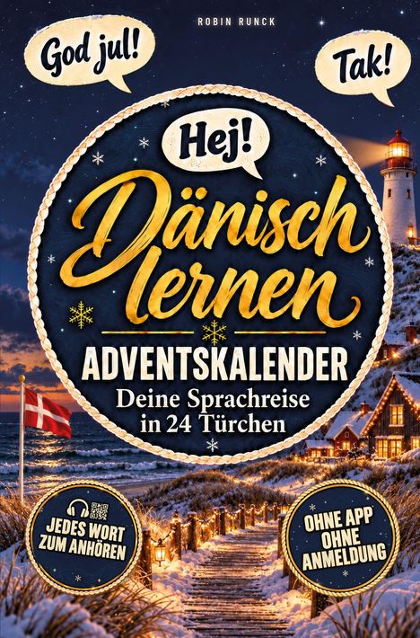 Texte: Hej! Dänisch lernen Adventskalender. Winterliche Küstenlandschaft mit beleuchteten Häusern und Leuchtturm.