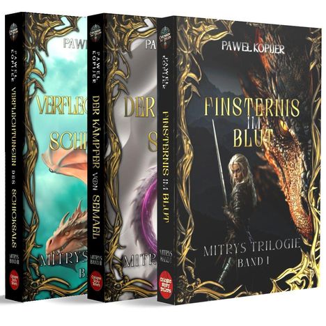 Drei Fantasy-Buchcover zeigen Drachen und Krieger. Auf jedem Cover sind goldene, verzierte Rahmen.