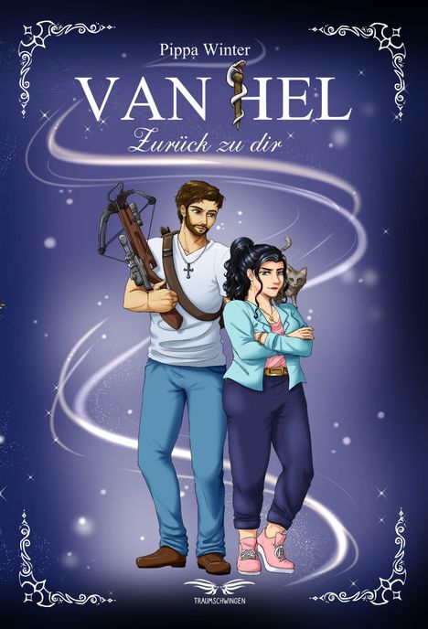 "Pippa Winter: Van Hels Zurück zu dir" – Eine Illustration mit zwei Personen, eine Armbrust tragend, im magischen Stil.