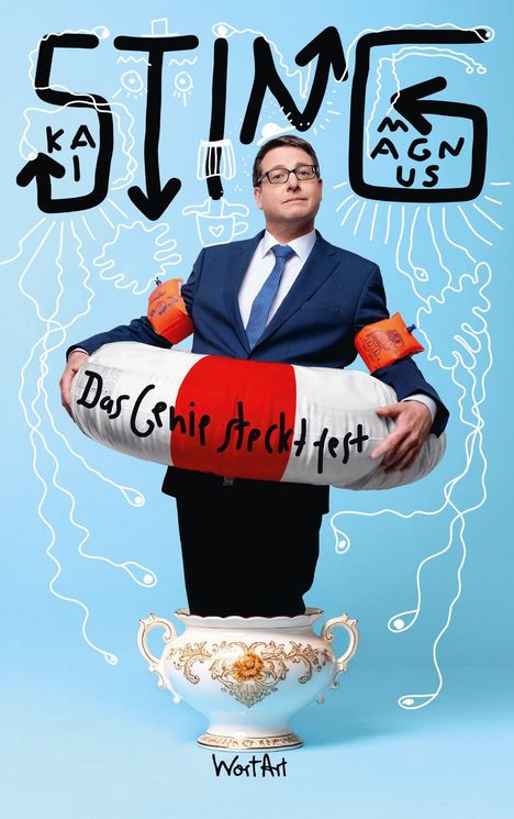 Ein Mann im Anzug trägt einen Rettungsring mit der Aufschrift "Das Genie streckt test". Dekorative, skurrile Elemente.