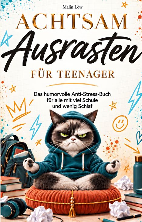 Titel: "Achtsam Ausrasten für Teenager". Eine grimmige Katze meditiert in einem Kapuzenpullover, umgeben von Schulmaterial.