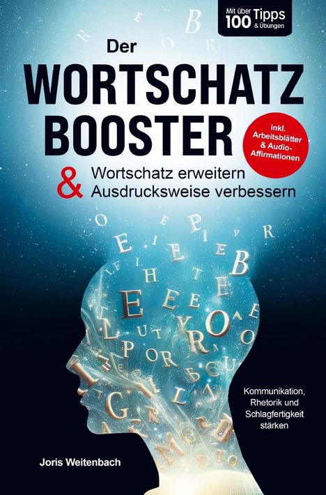 „Der Wortschatz Booster“ steht auf einem blauen Hintergrund mit vielen schwebenden Buchstaben in einem Gesicht.
