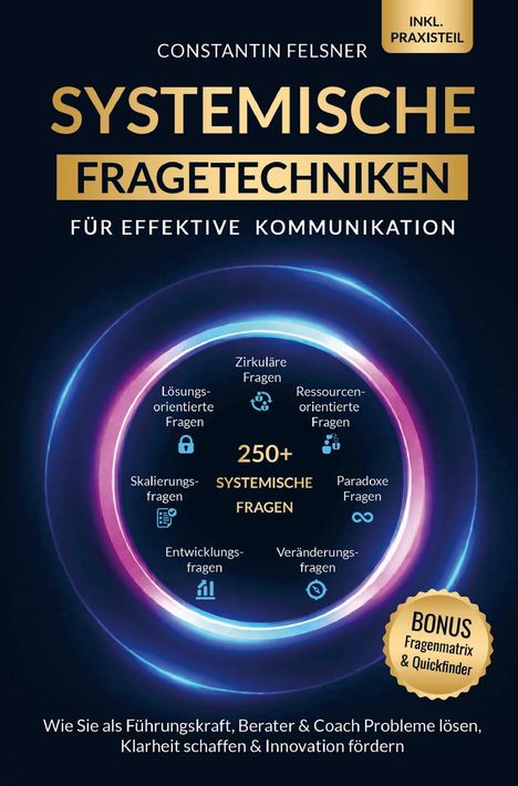 Buchtitel: "Systemische Fragetechniken". Beleuchteter Kreis mit kategorisierten Fragen und Symbolen. Bonus: Fragenmatrix.