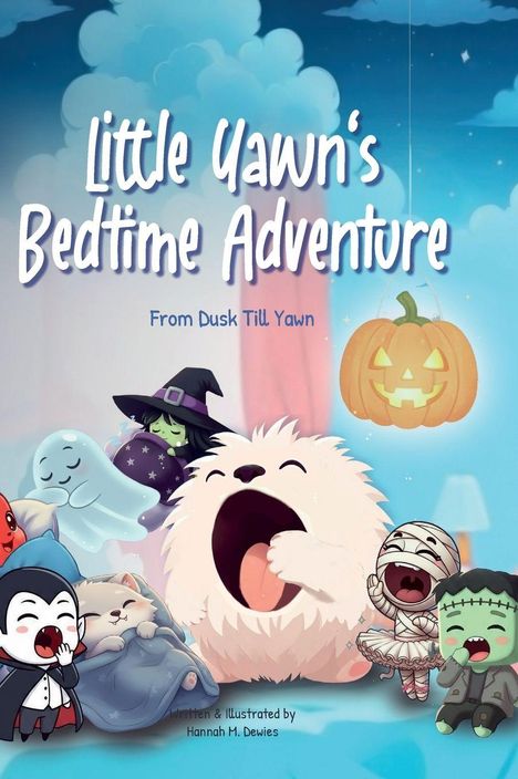 "Little Yawn's Bedtime Adventure" und "From Dusk Till Yawn" sind die Texte. 
Niedliche Monsterfiguren vor einem blauem Himmel.