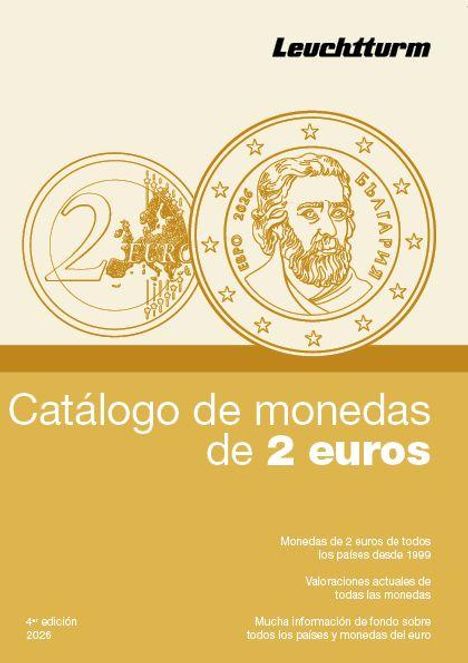 Text: "Leuchtturm", "Catálogo de monedas de 2 euros", "Monedas de 2 euros de todos los países desde 1999". Zwei Euro-Münzen abgebildet.