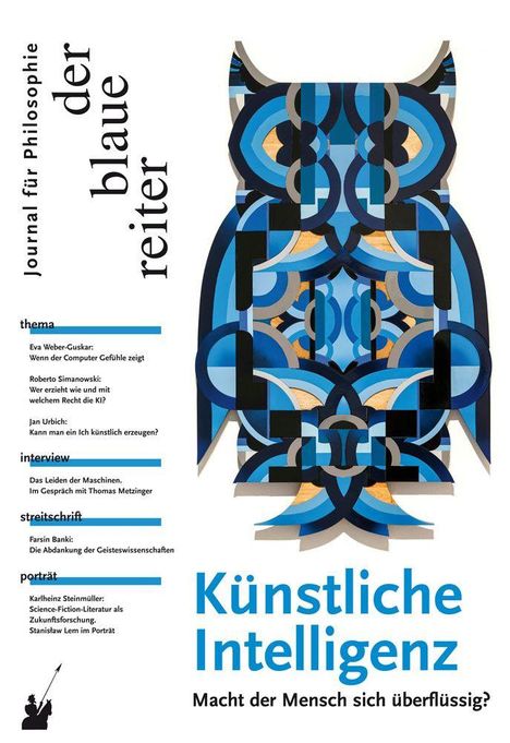 „Journal für Philosophie“; Themen wie KI, Emotionen, Maschinen. Eine abstrakte Eulen-Illustration in Blau- und Brauntönen.