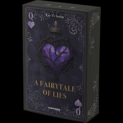 Titel: "A Fairytale of Lies", Autor: Kay Vi Storm. Dunkles Design mit violettem, gebrochenem Herz und krönenden Elementen.