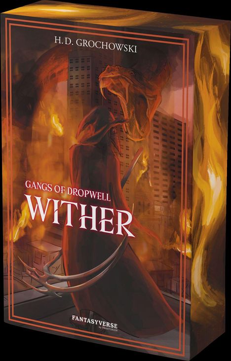 "Gangs of Dropwell: Wither" von H.D. Grochowski. Eine dunkle Gestalt mit Kapuze, Flammen und ein großer Schlangenkopf im Hintergrund.