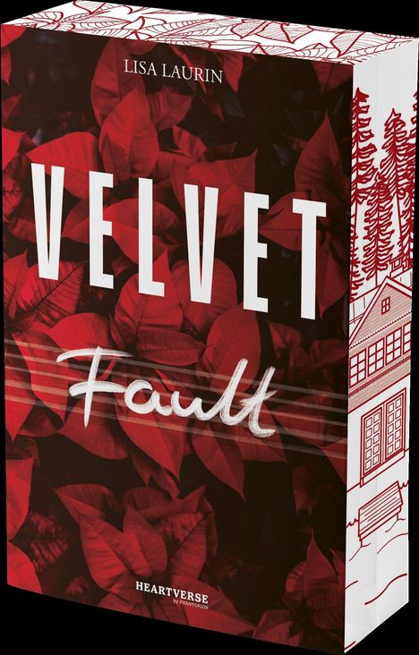 "Lisa Laurin, Velvet Fault, Heartverse" zeigt rote Blätter im Hintergrund; seitlich rote Linienzeichnung von Bäumen und Haus.