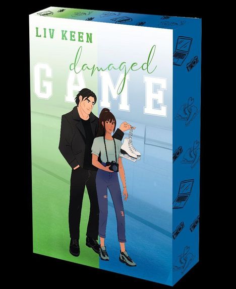 Text: "LIV KEEN damaged GAME." Illustration: Ein Mann und eine Frau; sie trägt Schlittschuhe und eine Kamera.