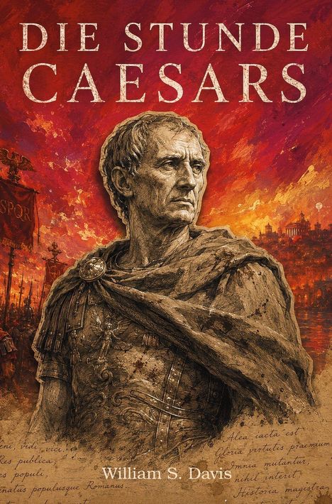 "Die Stunde Caesars" und "William S. Davis". Illustration von Caesar vor brennendem Hintergrund, römische Soldaten und Gebäude.