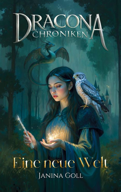 „Dracona Chroniken: Eine neue Welt“ von Janina Goll. Eine Frau mit Zauberstab, ein Falke auf der Schulter, im Wald. Magisch.