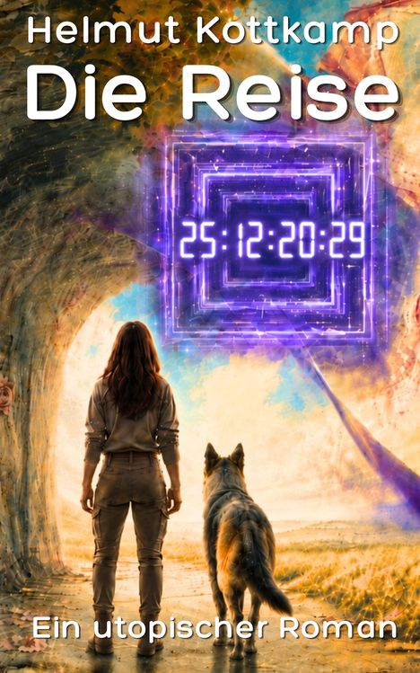 „Helmut Kottkamp, Die Reise, Ein utopischer Roman, 25:12:20:29.“ Frau und Hund vor einem mystischen Tunnel.
