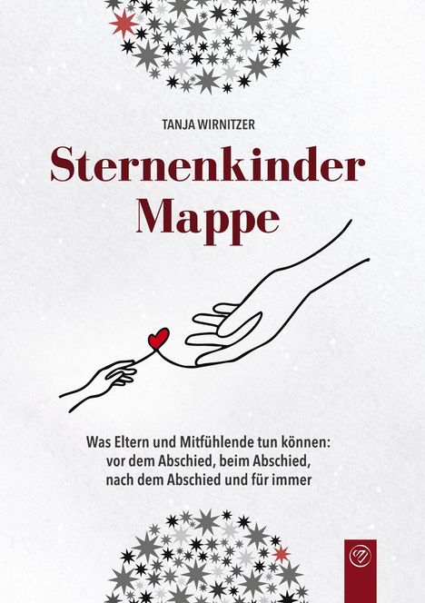 „Sternenkinder Mappe“ von Tanja Wirnitzer. Zwei Hände reichen einander ein rotes Herz. Sternenmuster und Logo.