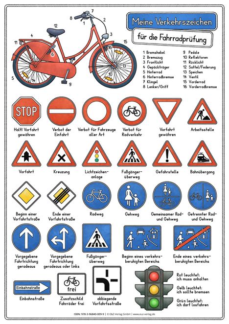 "Meine Verkehrszeichen für die Fahrradprüfung" zeigt Verkehrszeichen, Fahrradteile, und eine Ampel mit Erklärungen.