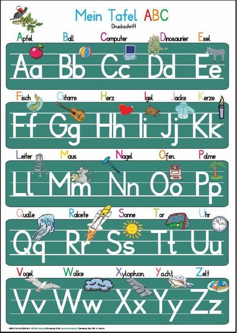 Schriftzug "Mein Tafel ABC" oben. Darunter Buchstaben in Druckschrift und passendes Bild: Apfel, Ball, Computer.