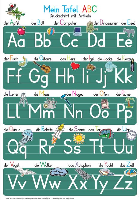 Mein Tafel ABC: Das Alphabet mit Artikeln und Illustrationen von Gegenständen, die mit den jeweiligen Buchstaben beginnen.