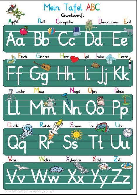 "Mein Tafel ABC" zeigt Buchstaben mit Bildern: Apfel, Ball, Computer, Dinosaurier, Esel, Fisch, Gitarre, Herz, Igel und mehr.