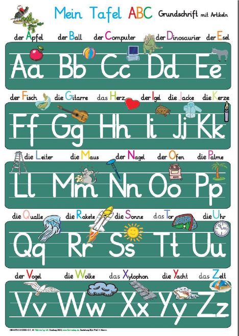 "Mein Tafel ABC: Apfel, Ball, Computer, Dinosaurier, Esel neben Buchstaben A-Z mit passenden Illustrationen."