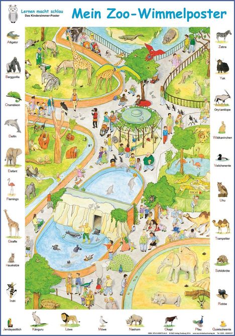 Titel: "Mein Zoo-Wimmelposter". Tiere: Alligator, Berggorilla, Chamäleon, Delfin, und mehr. Bunte Zoo-Szene mit Besuchern.