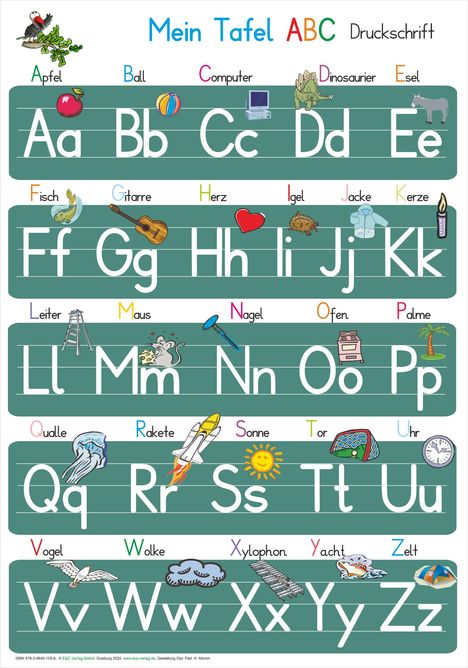 Mein Tafel ABC Druckschrift. Jede Buchstabe mit passendem Bild: Apfel, Ball, Computer, Dinosaurier, Esel.