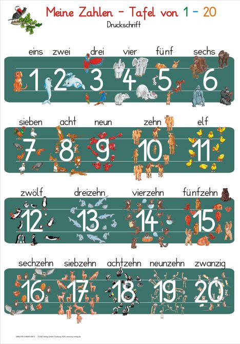 „Meine Zahlen - Tafel von 1-20“ in bunter Schrift, unterlegt mit Tierillustrationen.