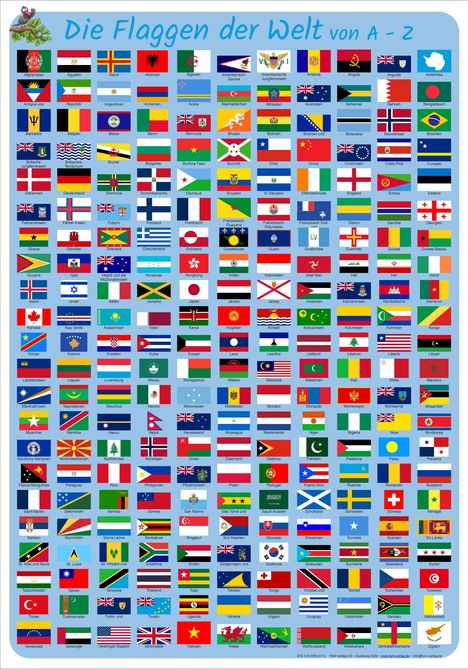 „Die Flaggen der Welt“. Dicht aneinandergereihte LändFlaggen in Rasteranordnung. Oben links ein stilisierter Vogel.