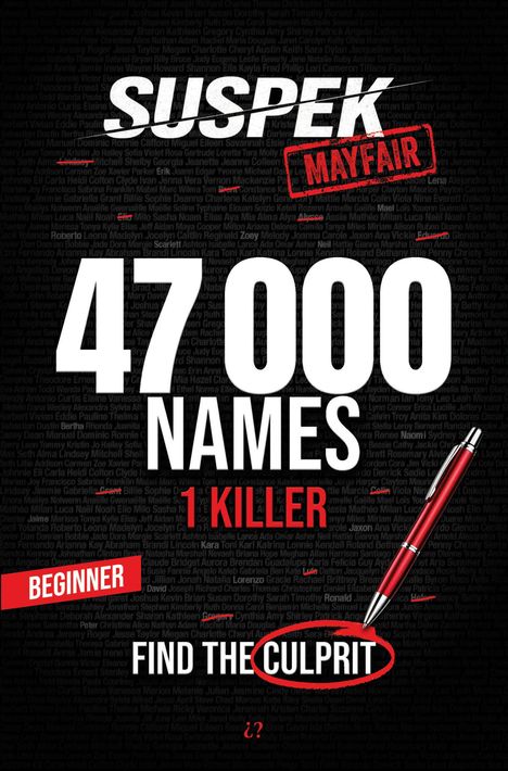 „47 000 Namen, 1 Killer. Finde den Täter. Anfänger.“ Es ist eine Illustration mit Hintergrund aus Namen und einem roten Stift.