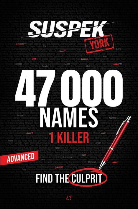 "47000 Names, 1 Killer. Advanced: Find the Culprit." Hintergrund voller Namen, einige rot hervorgehoben. Ein roter Stift.