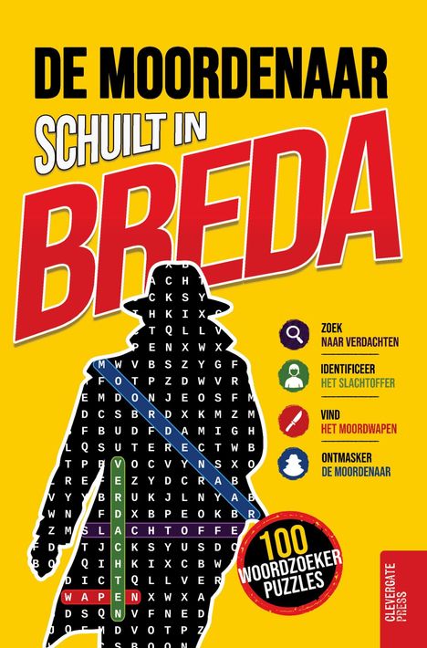 Titel: De Moordenaar Schuilt in Breda. Silhouette eines Detektivs mit Wörtersuchrätsel und Symbolen für Hinweise.