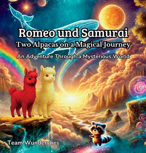 "Romeo und Samurai: Zwei Alpakas auf einer zauberhaften Reise. Ein Abenteuer durch eine mysteriöse Welt." Illustration: Zwei Alpakas, Regenbogen, Wal.